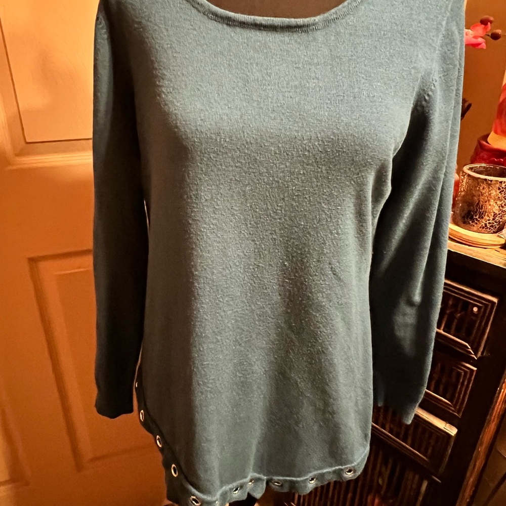 Teal Long Sleeve‎ Sweater with Grommet Detail Asymmetrical Cozy Academia